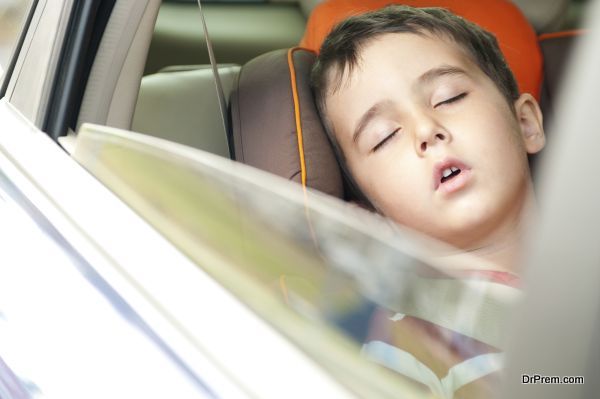 Litle boy sleeps in safe chair in car