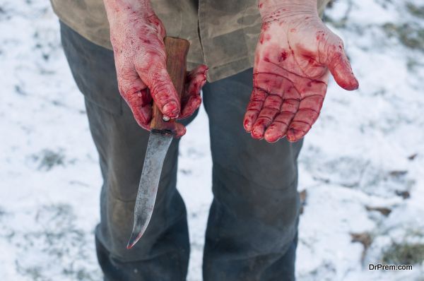 Hands holding knife with blood